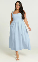 Khari Midi Dress - Linen Look Square A Line Dress in Blue