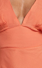 Desiree Midi Dress - V Neck Flutter Short Sleeve Slip Dress in Orange